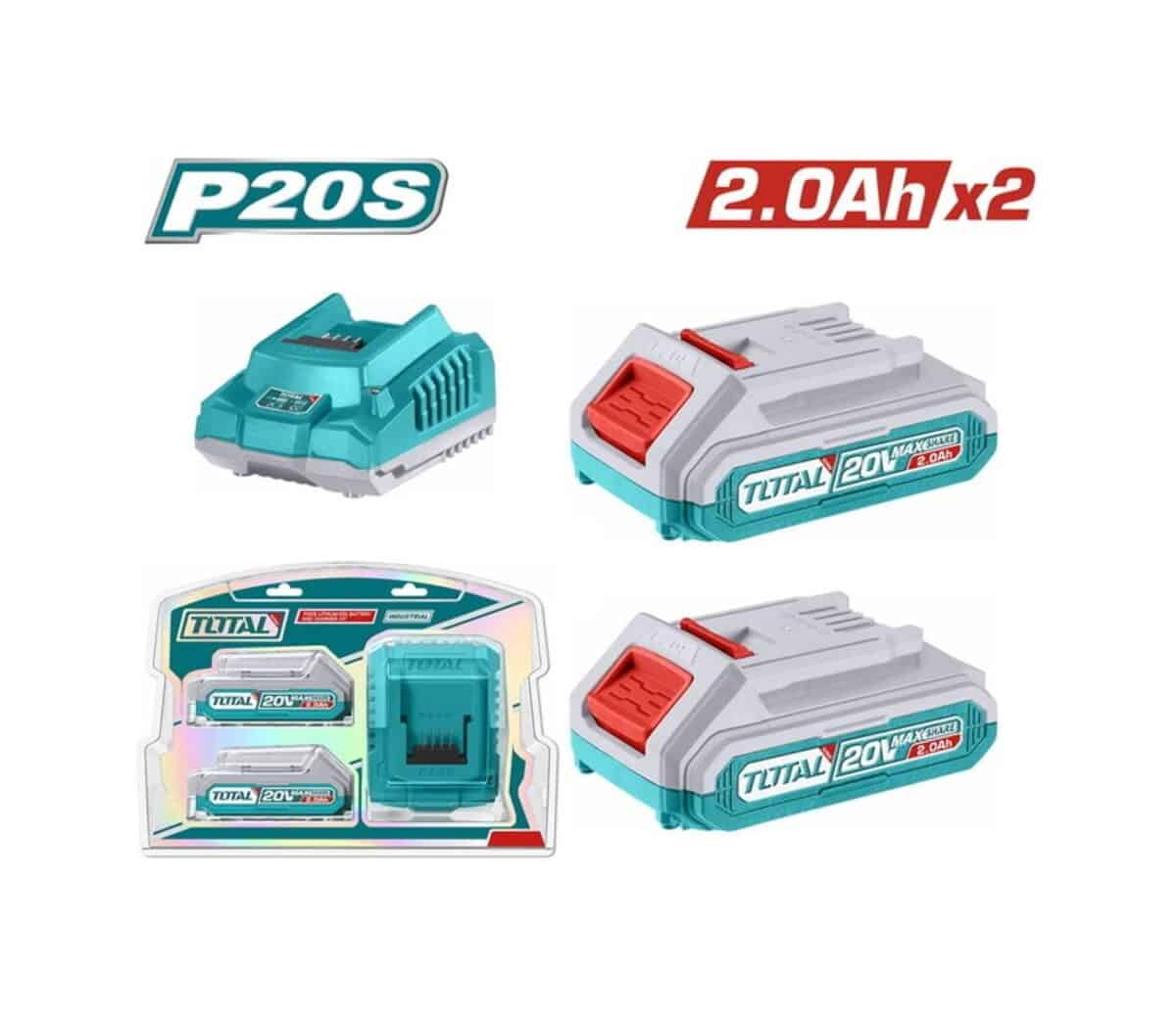 Total Επαγγελματικό σετ 2τεμ Μπαταρίες TFBLI2001 Li-ion 20V/2Ah & 1τεμ Φορτιστής TFBCPK1222E